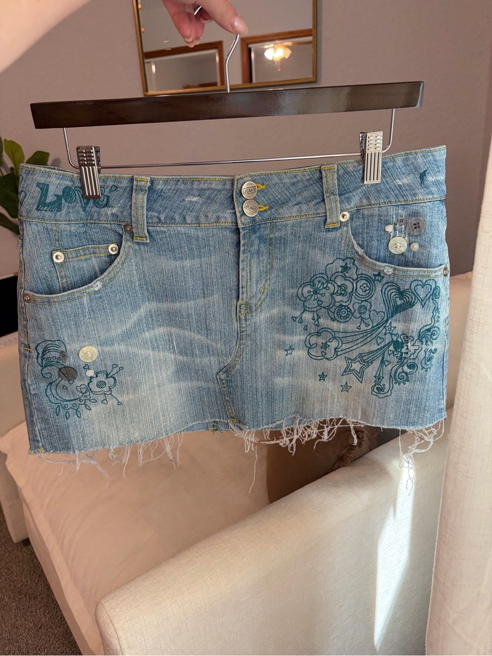 Y2K Denim Mini Skirt with Teal Floral Embroidery